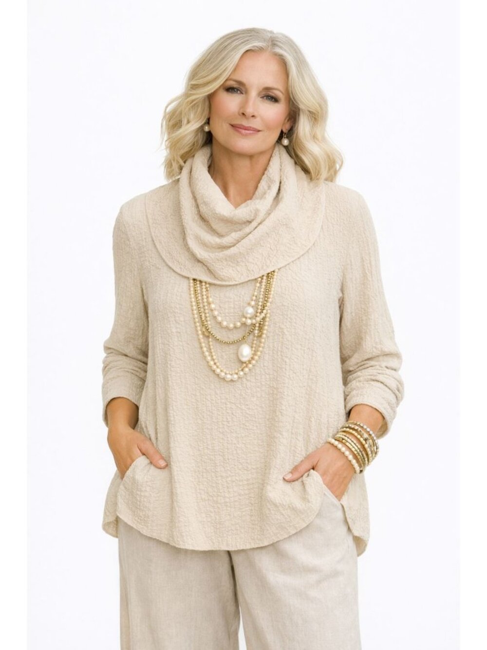 Ali Miles Off White Cowl Neck Waffle Knit Textured Tunic Top S Minimalist Casual